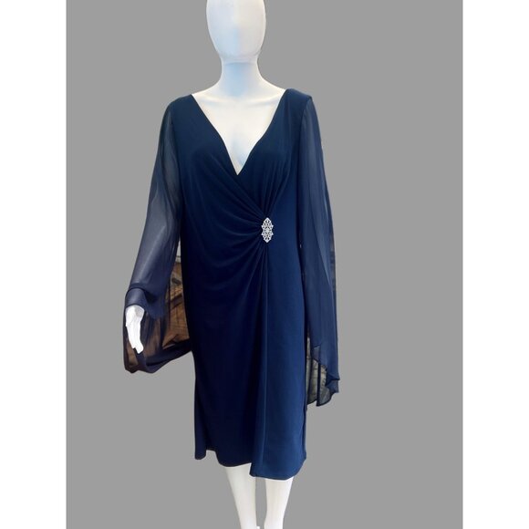 R&M Richards Womens Navy Blue Dress With Rhinestone Detail & Sheer Sleeves Style - Picture 6 of 10